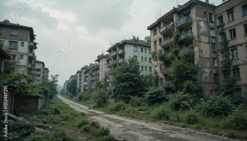 Abandoned Urban Landscape with Overgrown Vegetation and Dilapidated Buildings