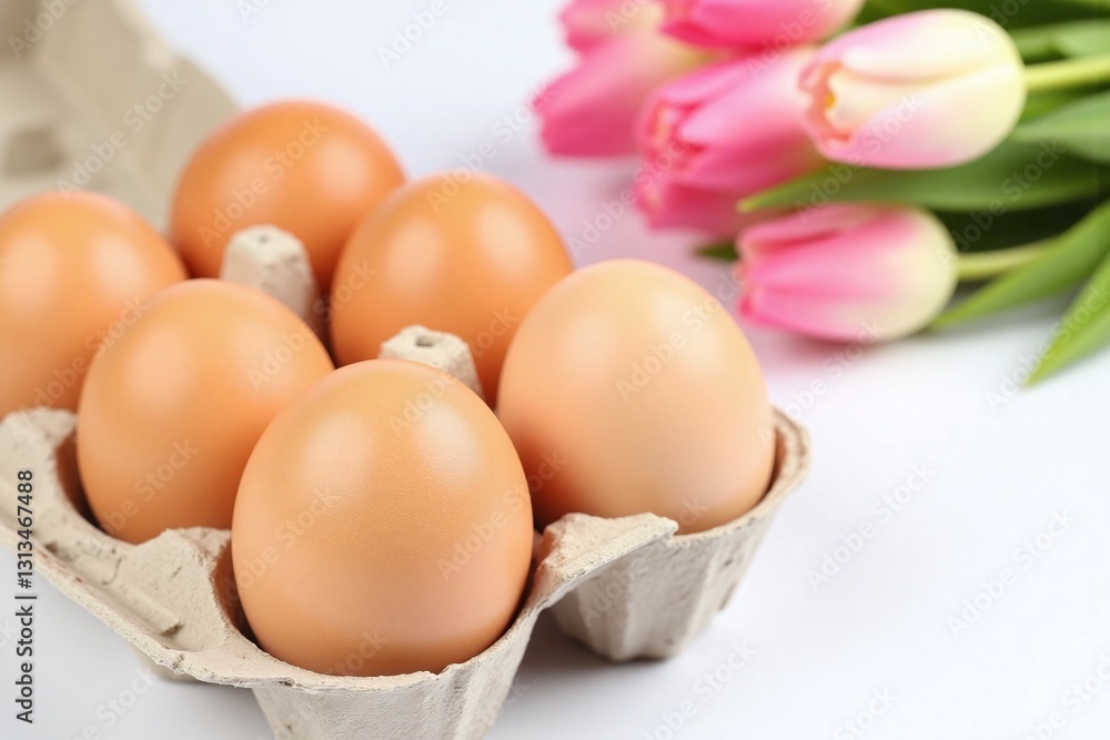 Carton of brown eggs with pink white tulips in background