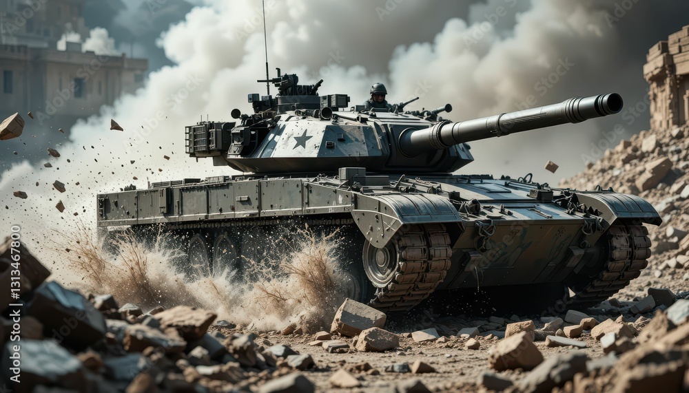 Armored Tank Maneuvering Through Debris in a Smoky Environment Armored Tank Maneuvering Through Debris in a Smoky Environment