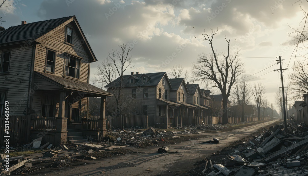 Abandoned Residential Area with Dilapidated Houses and Debris Abandoned Residential Area with Dilapidated Houses and Debris