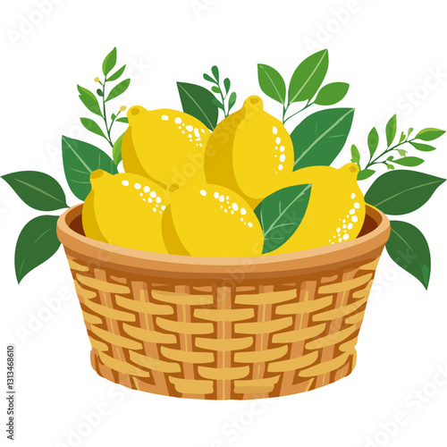 Lemons fruits in basket vector illustration. Yellow ripe citrus fruits harvested on isolated background.