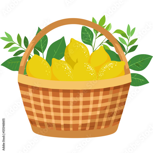Lemons fruits in basket vector illustration. Yellow ripe citrus fruits harvested on isolated background.