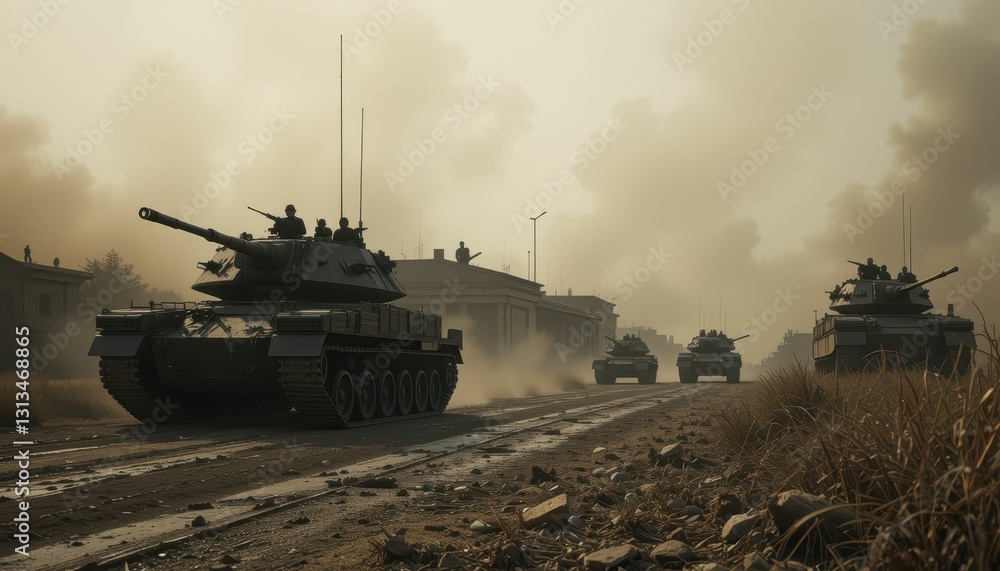 Military Tanks Moving Through Smoke and Dusty Environment Military Tanks Moving Through Smoke and Dusty Environment