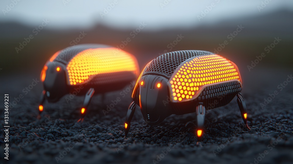 Fototapeta premium Futuristic Robot Beetles with Glowing Features on Dark Textured Ground