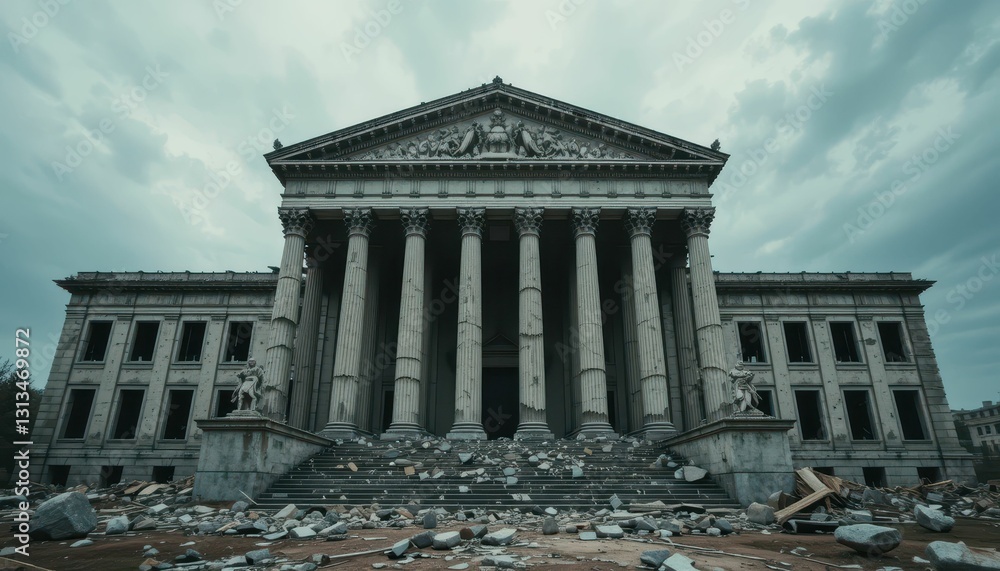 Obraz premium Ancient Building with Crumbling Columns and Debris Under Overcast Sky