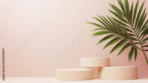 Minimalist pastel podium display with palm leaf