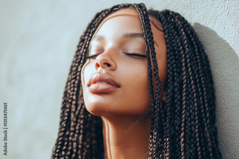 Close-Up Portrait of Serene Woman with Braided Hair Bathed in Light Close-Up Portrait of Serene Woman with Braided Hair Bathed in Light