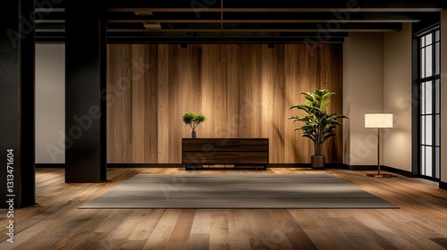 Modern Interior Design with Wood Accent Wall and Minimalist Furniture Arrangement