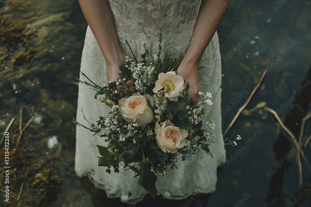 Φωτογραφία Woman Holding a Beautiful Floral Bouquet by a Serene Water Body