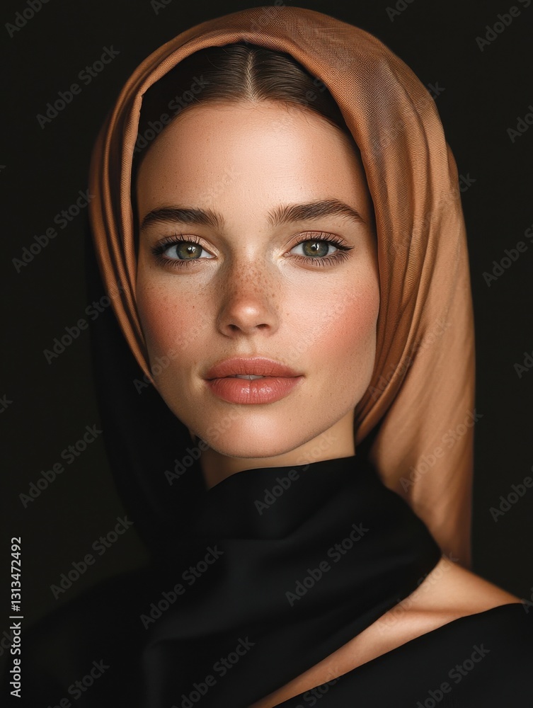 Close-up portrait of a young woman with a light brown headscarf against a black background Close-up portrait of a young woman with a light brown headscarf against a black background