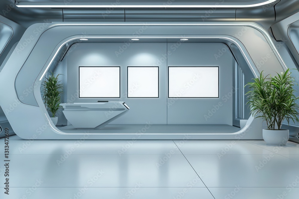 Blank banner areas in modern sleek 3D exhibition booth design. Blank banner areas in modern sleek 3D exhibition booth design.