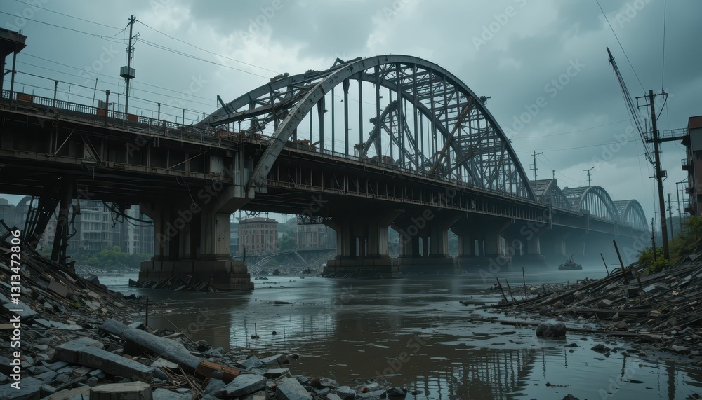 Abandoned Industrial Bridge Over Foggy River in Urban Decay Abandoned Industrial Bridge Over Foggy River in Urban Decay