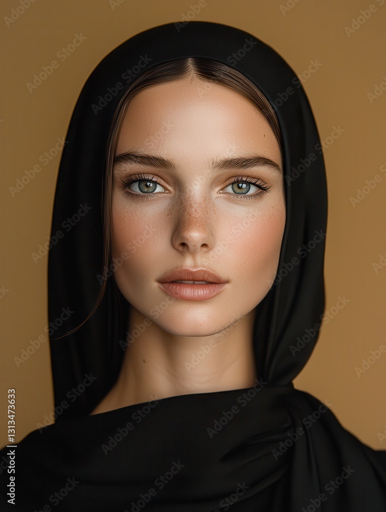 Close-up portrait of a young woman with green eyes wearing a black headscarf against a neutral background. Close-up portrait of a young woman with green eyes wearing a black headscarf against a neutral background.