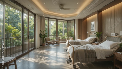 Modern Hospital Room with Natural Light and Plants in Design