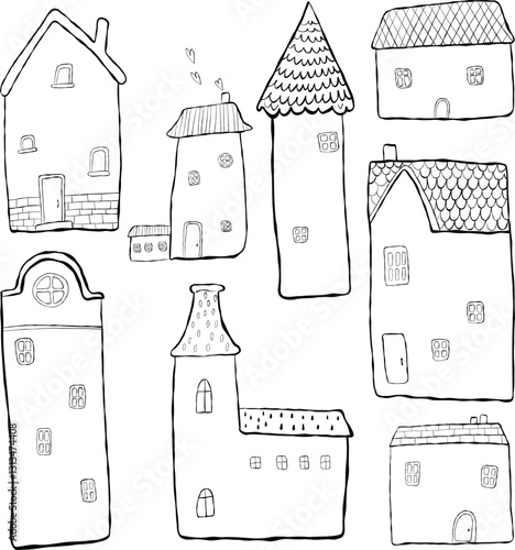 Hand-drawn vector illustration of whimsical fairy-tale houses in black and white. Perfect for coloring pages, prints, stickers, greeting cards, and children’s designs. Scalable and editable.