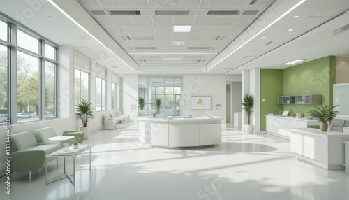 Modern healthcare reception area with bright natural light and greenery