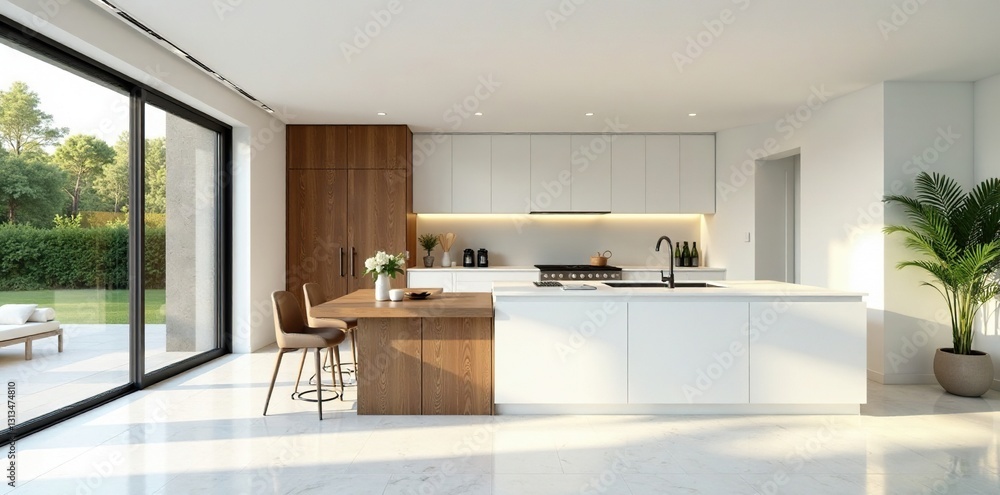 Luxurious open plan living space with a pristine white kitchen, highlighting high-end finishes , sophisticated, premium Luxurious open plan living space with a pristine white kitchen, highlighting high-end finishes , sophisticated, premium