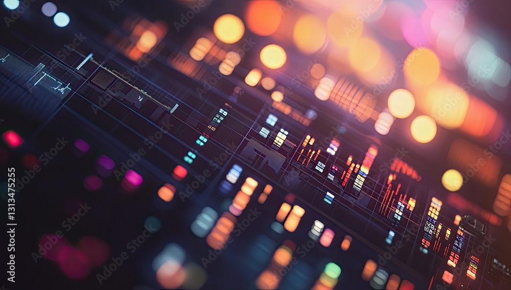 Colorful digital interface, night-time blurred lights Colorful digital interface, night-time blurred lights