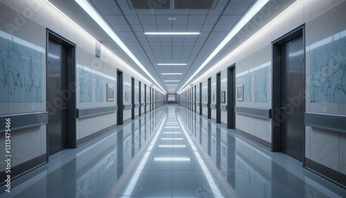Modern Long Corridor with Glossy Floor and Bright Lighting in Office