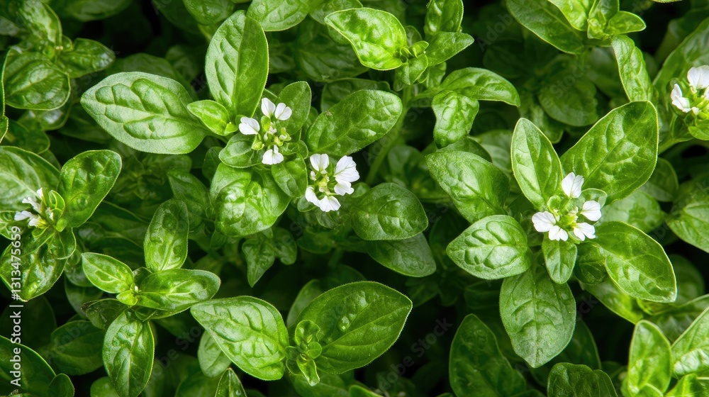 Fresh Green Leaves and White Flowers of a Herbaceous Plant Fresh Green Leaves and White Flowers of a Herbaceous Plant