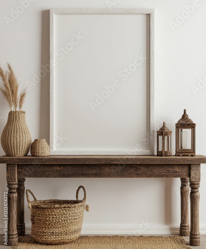 Empty Frame on Rustic Wooden Console Table