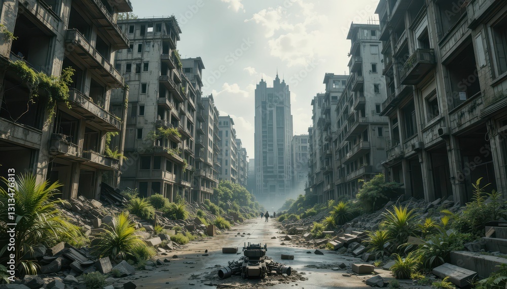 Obraz premium Abandoned Urban Landscape with Overgrown Vegetation and Ruined Buildings