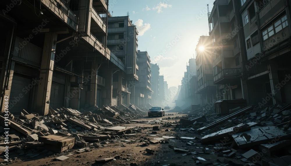 Abandoned Urban Street with Debris and Sunlight in the Background Abandoned Urban Street with Debris and Sunlight in the Background