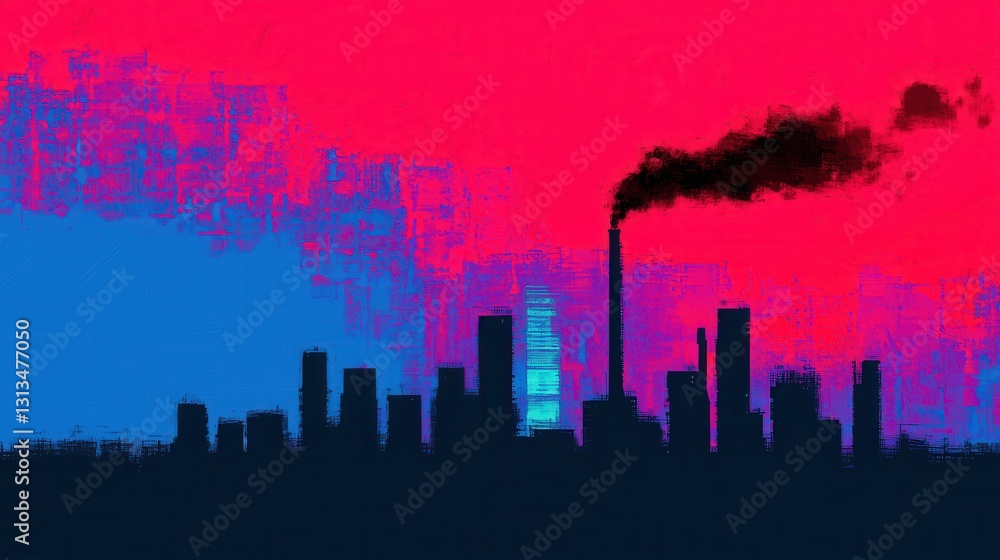 Fototapeta premium Abstract City Skyline with Colorful Background and Smoke from Industrial Chimney