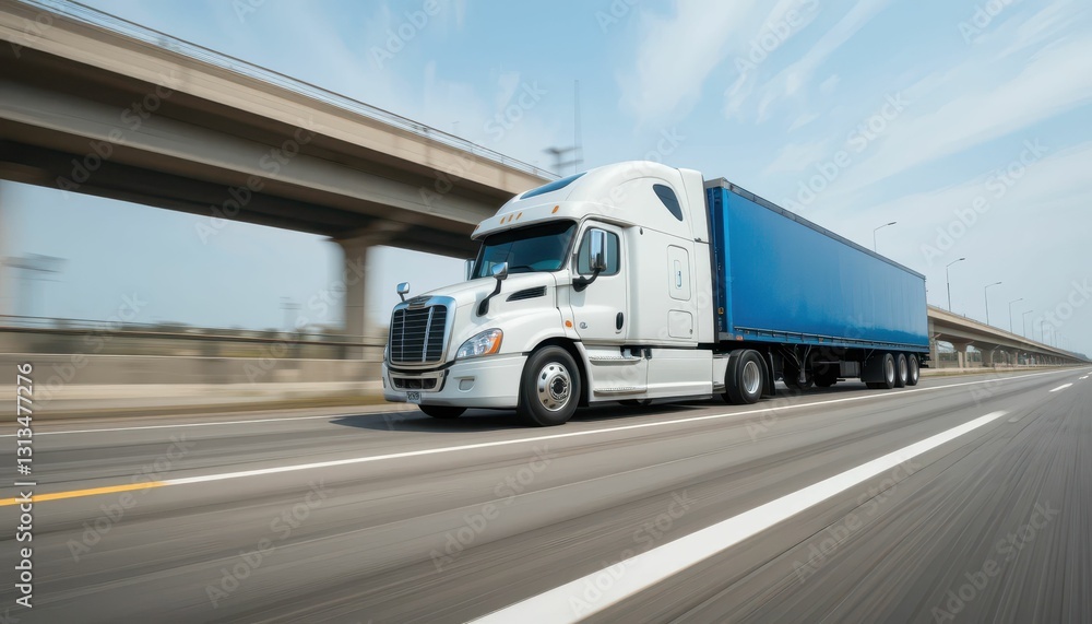 White Freightliner Truck Driving on Highway with Blue Trailer White Freightliner Truck Driving on Highway with Blue Trailer