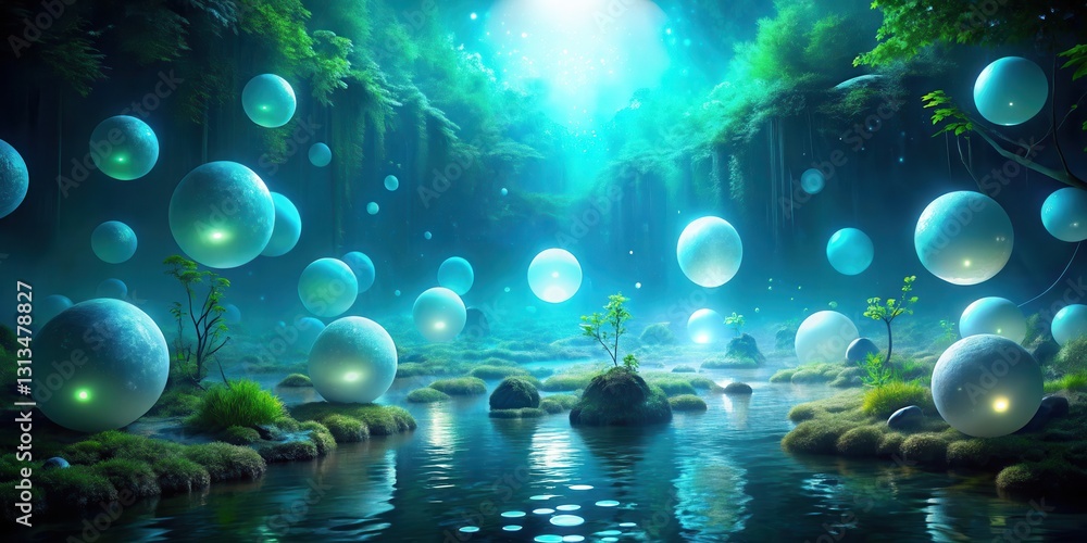 Mystical underwater scene with glowing orbs floating in darkness, surrounded by soft blue and green bioluminescent light , Darkness, Bioluminescence Mystical underwater scene with glowing orbs floating in darkness, surrounded by soft blue and green bioluminescent light , Darkness, Bioluminescence