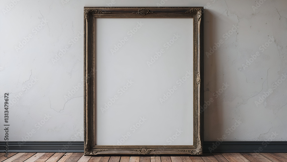 Fototapeta premium Picture Frame with Ornate Gold Carvings and Empty Canvas on Wood Floor