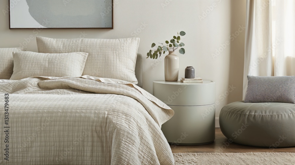 Generative AI, Minimalist Bedroom with Playful Textures and Pastel Accents Generative AI, Minimalist Bedroom with Playful Textures and Pastel Accents