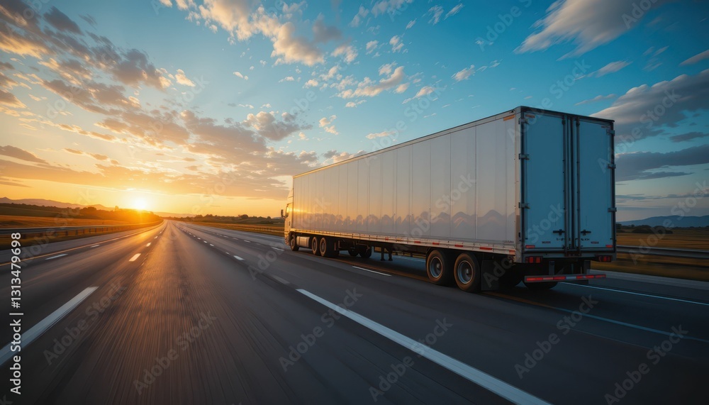 Truck Driving on Open Highway at Sunset with Dramatic Sky Truck Driving on Open Highway at Sunset with Dramatic Sky