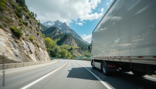 Truck Driving on Scenic Mountain Road with Lush Greenery and Sky