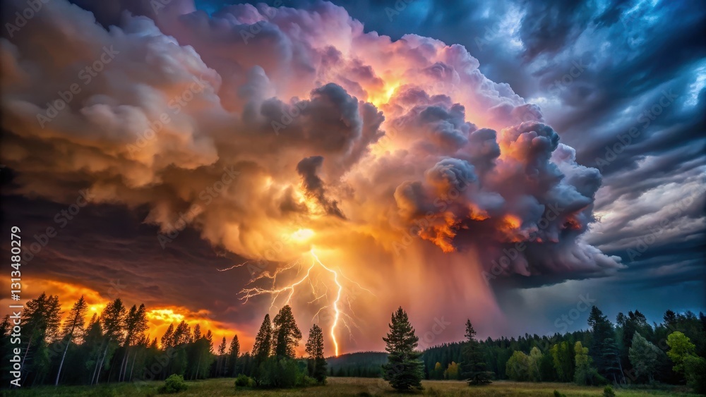 A massive storm cloud with fiery lightning illuminating the dark sky, surrounded by towering trees swaying in the wind A massive storm cloud with fiery lightning illuminating the dark sky, surrounded by towering trees swaying in the wind