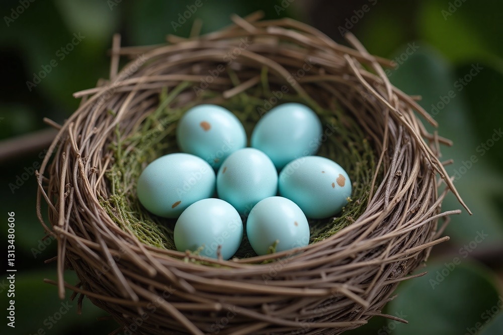 Bird's nest with six light blue spotted eggs in natural setting Bird's nest with six light blue spotted eggs in natural setting