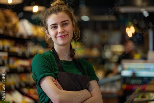 A young woman with a smile on her face, standing in a store, looking at the camera. She is wearing a green shirt and an apron. The store is brightly lit and there are shelves in the background.