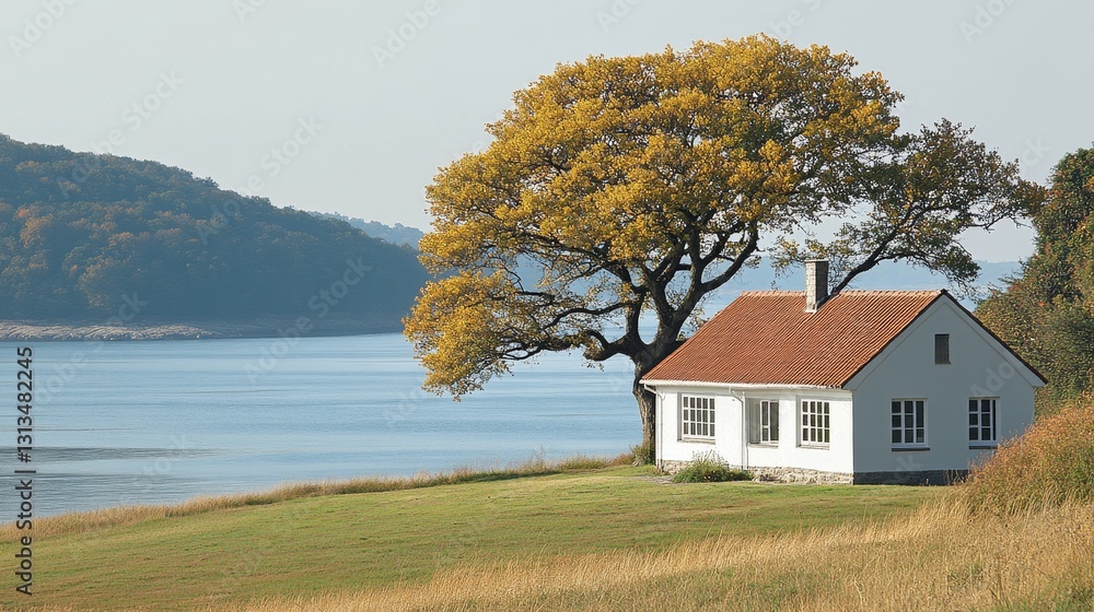 Idyllic lake house retreat beneath golden autumn tree serene waterfront living peaceful home rural getaway beautiful nature Idyllic lake house retreat beneath golden autumn tree serene waterfront living peaceful home rural getaway beautiful nature