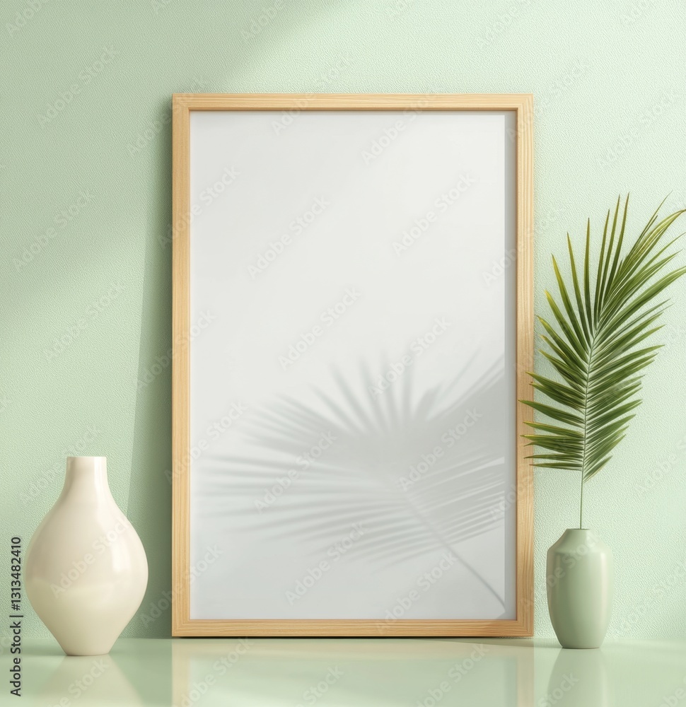 Light-filled, mint green room, empty frame, palm leaf shadow, vase Light-filled, mint green room, empty frame, palm leaf shadow, vase