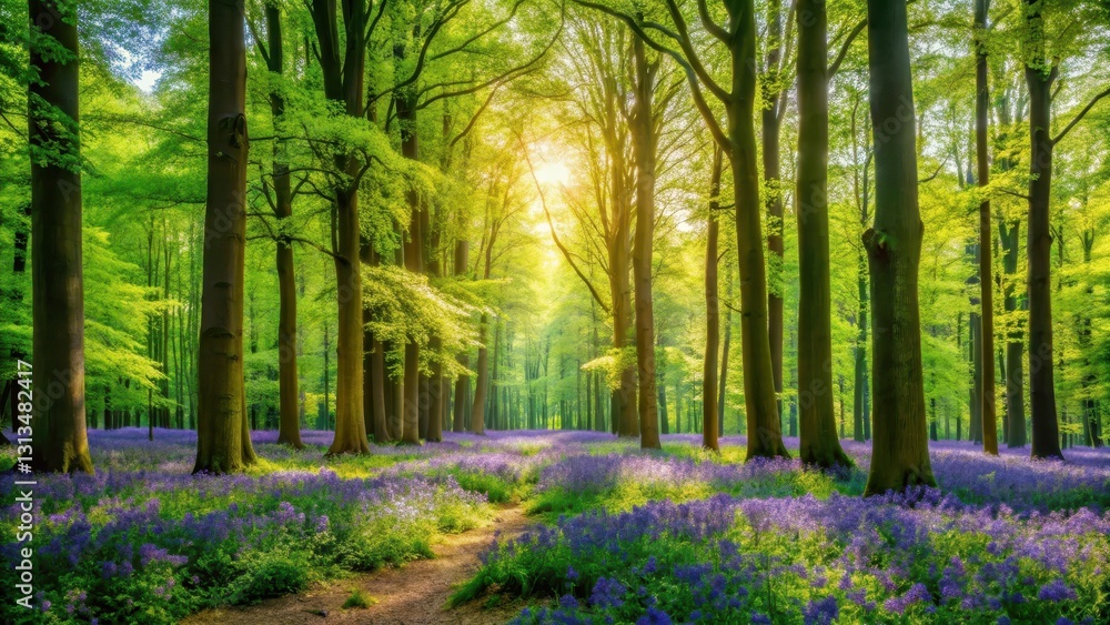Fototapeta premium Serene landscape of a lush forest with a bright green spring panorama background, surrounded by tall trees and vibrant wildflowers , landscape, forest