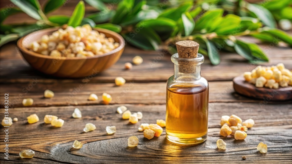 Bottle of frankincense essential oil on wooden table with boswellia resin, boswellia Bottle of frankincense essential oil on wooden table with boswellia resin, boswellia