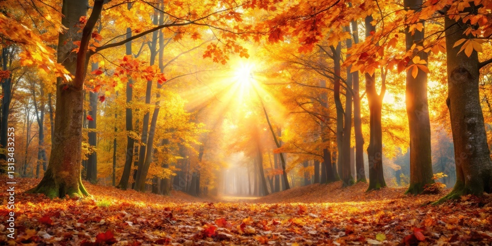 Fototapeta premium Autumn forest background with vibrant leaves and golden sunlight filtering through the trees , seasonal change, tree branches