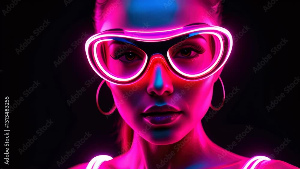 Stunning model showcases neon glasses in vibrant lighting during a nighttime photoshoot Stunning model showcases neon glasses in vibrant lighting during a nighttime photoshoot
