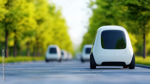 Futuristic Eco-Friendly Autonomous Cars on a Tree-Lined Urban Roadway