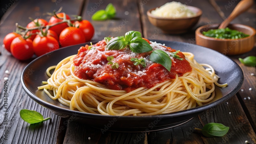 A steaming hot plate of spaghetti tossed in a rich red tomato sauce and topped with shaved parmesan cheese, italianfood A steaming hot plate of spaghetti tossed in a rich red tomato sauce and topped with shaved parmesan cheese, italianfood