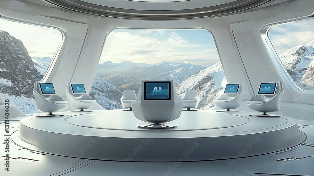 Futuristic observation deck with mountain view Futuristic observation deck with mountain view