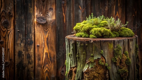 Ancient tree trunk with moss and lichen on a dark wooden background, woodland, wood texture,  woodland, wood texture