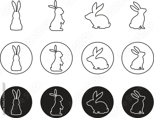 Rabbit silhouette of Easter bunnies icons set in line styles. Perfect for Easter, spring celebration. Cartoon vectors elements. Ideal for nature and wildlife theme isolated on transparent background.
