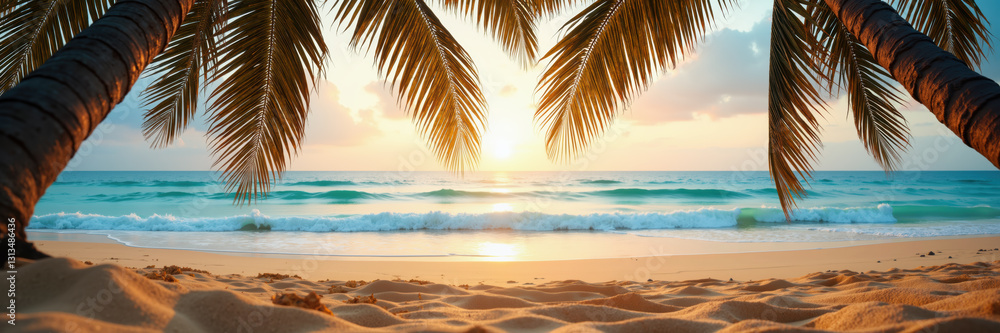 A serene tropical beach at sunset with golden sand, palm trees, and gentle waves. A serene tropical beach at sunset with golden sand, palm trees, and gentle waves.