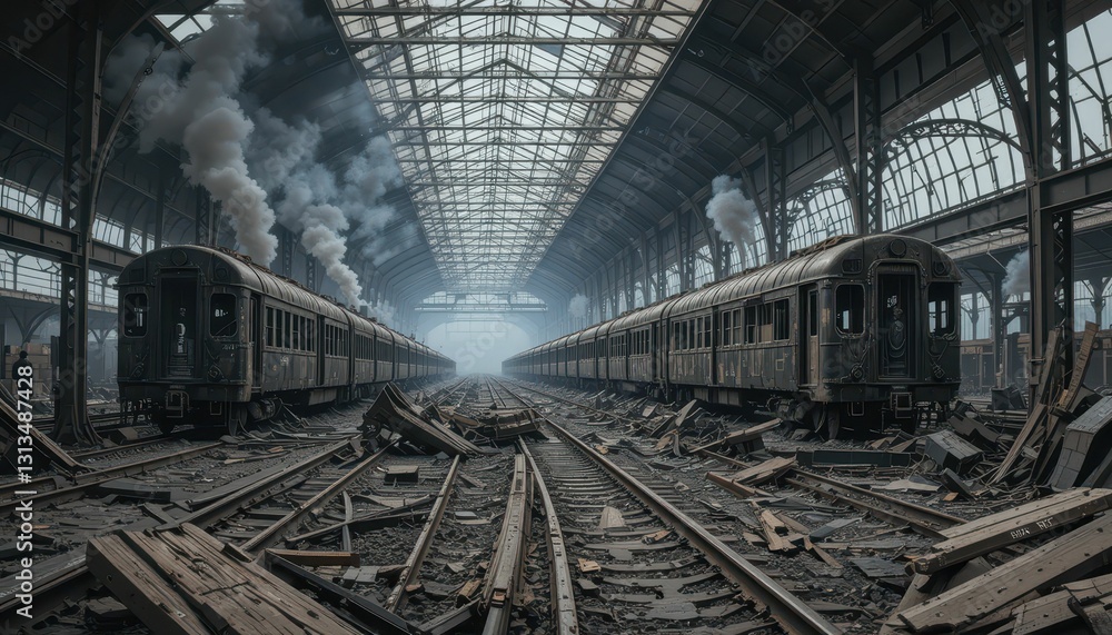 Naklejka premium Abandoned Railway Station with Old Trains and Atmospheric Vibe
